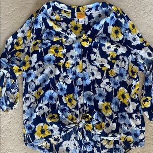 Ruby Rd. Blue and Yellow 3/4 Sleeve Button Down Shirt